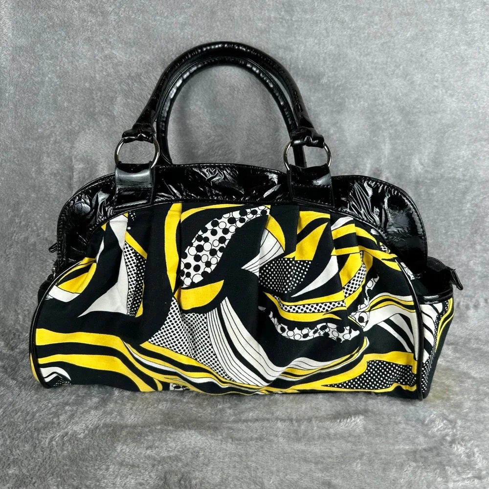 Abstract Print Satchel Handbag Yellow Black White Patent Trim Pleated Bag